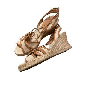 Harold’s Beige Tan Wedge Canvas Open Toe Tie Ankle Wrap Shoe Sz 10